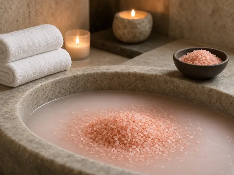 Coarse pink bath salt in a glass jar