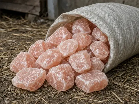 Pink salt lick chunks spilling from a woven sack