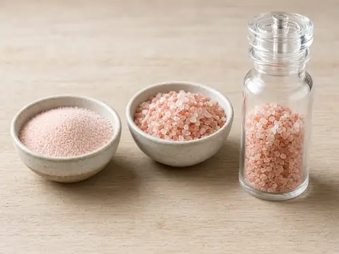 Fine and coarse pink salt in bowls with a glass grinder