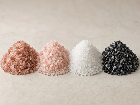 Dark pink, light pink, white and black salt in piles