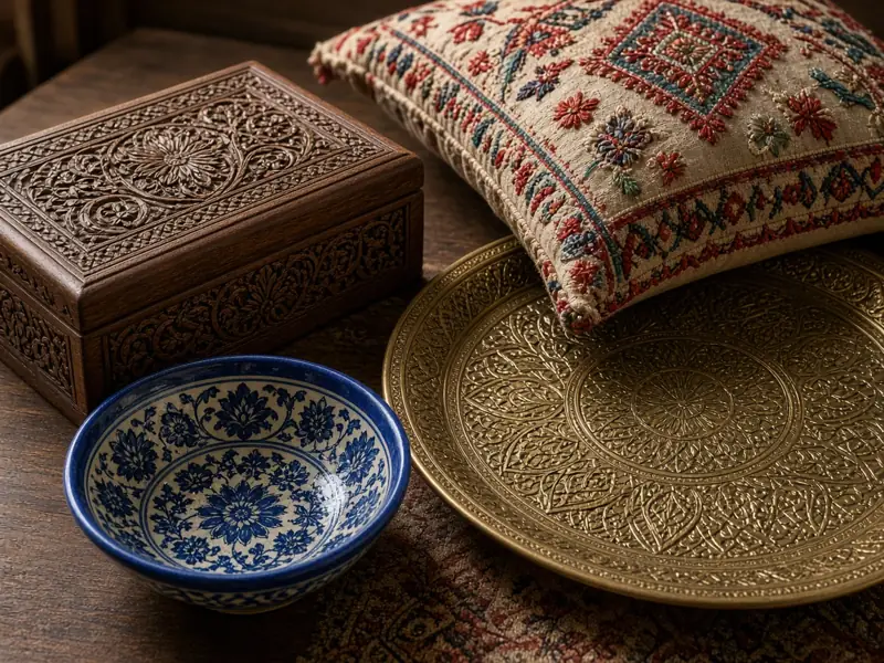 Carved wooden box, brass plate, blue ceramic bowl and embroidered cushion