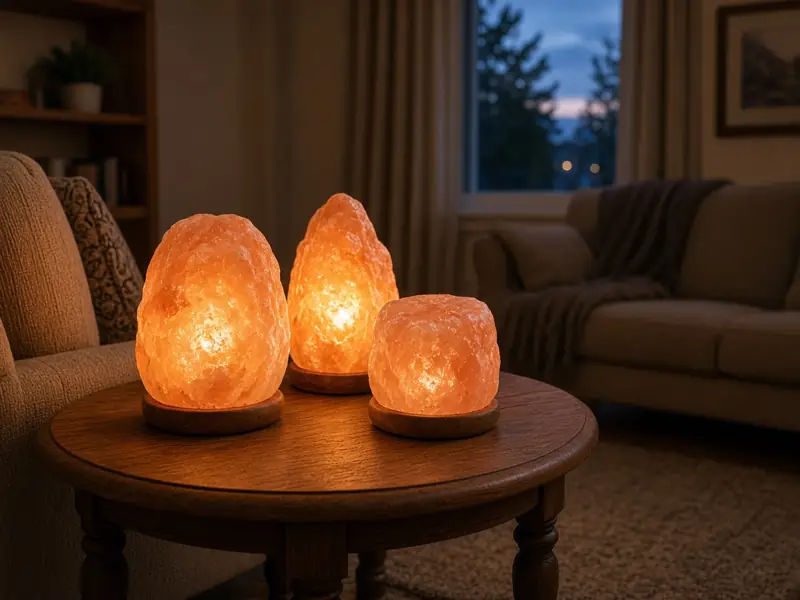Three glowing salt lamps in a living room