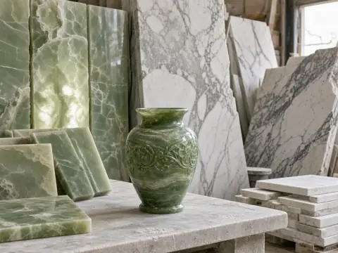 Green onyx and white marble slabs with an onyx vase