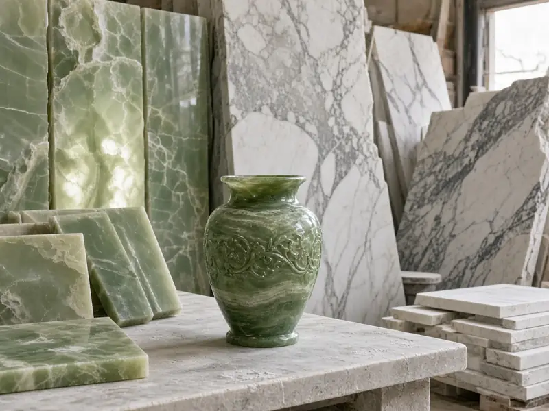 Green onyx and white marble slabs with an onyx vase