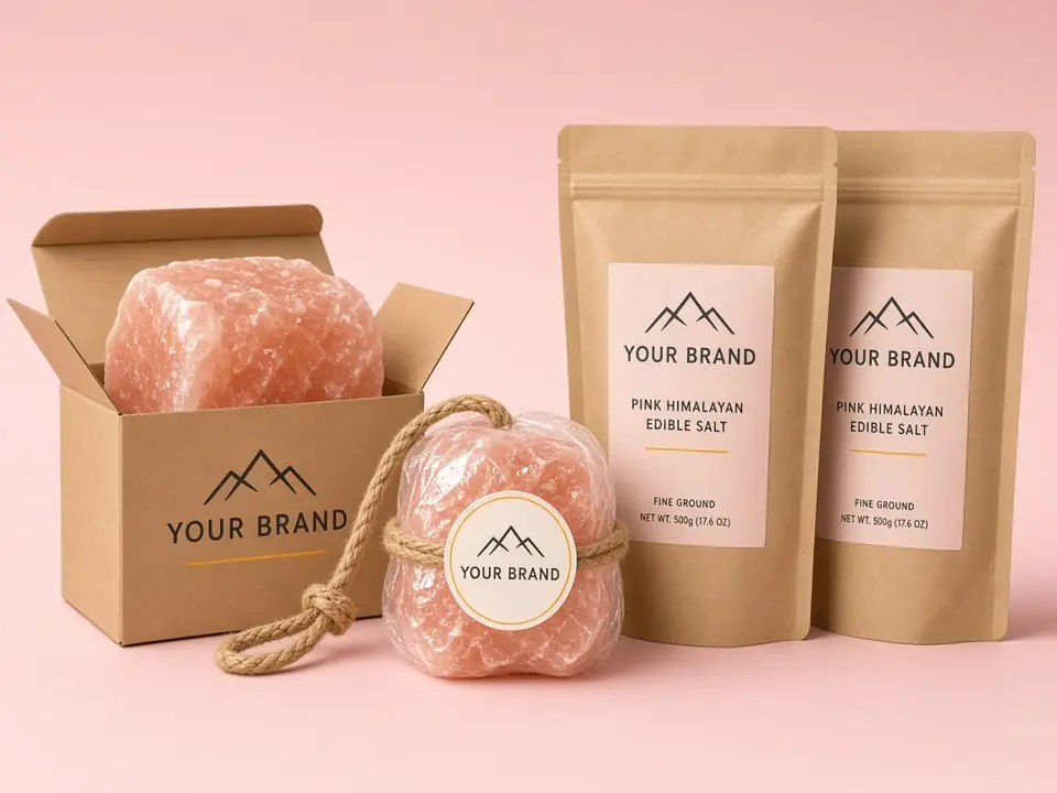Pink salt lick in a branded kraft box, a labelled shrink-wrapped rope lick and two branded pouches of edible salt