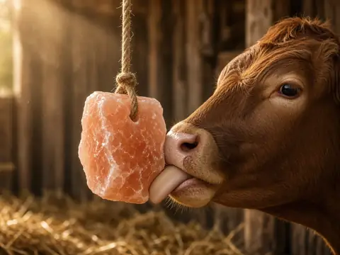Cow licking a pink salt lick hanging on a rope