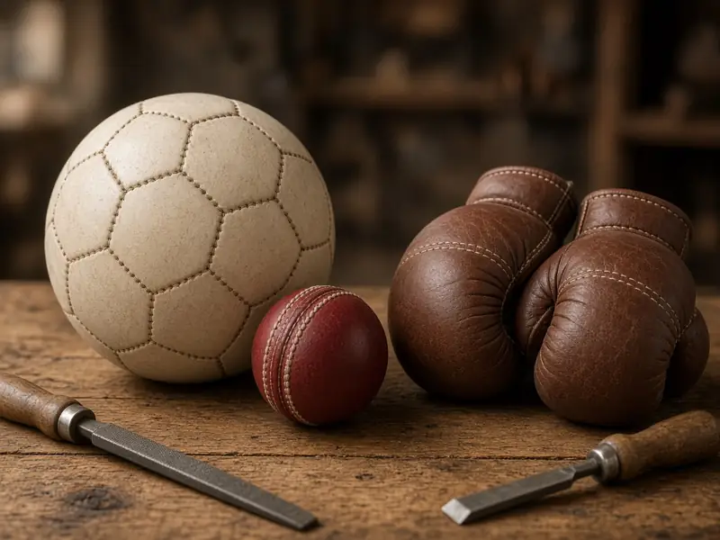 Hand-stitched football, cricket ball and boxing gloves