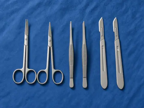 Stainless steel scissors, forceps and scalpel handles