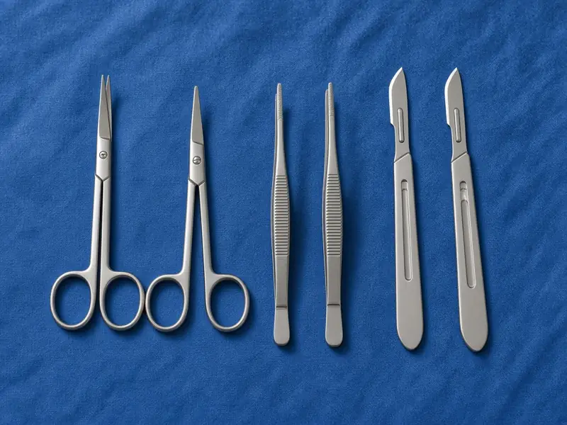 Stainless steel scissors, forceps and scalpel handles